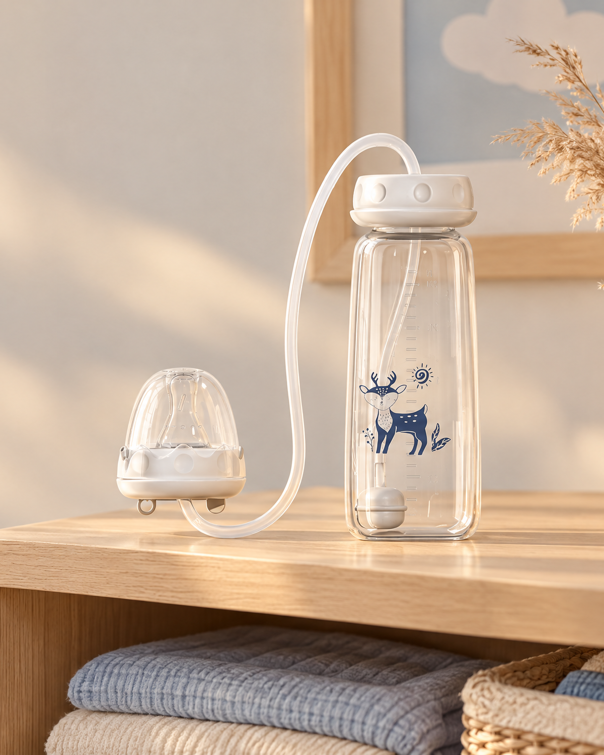 Biberon à paille posé sur une étagère dans une chambre de bébé lumineuse