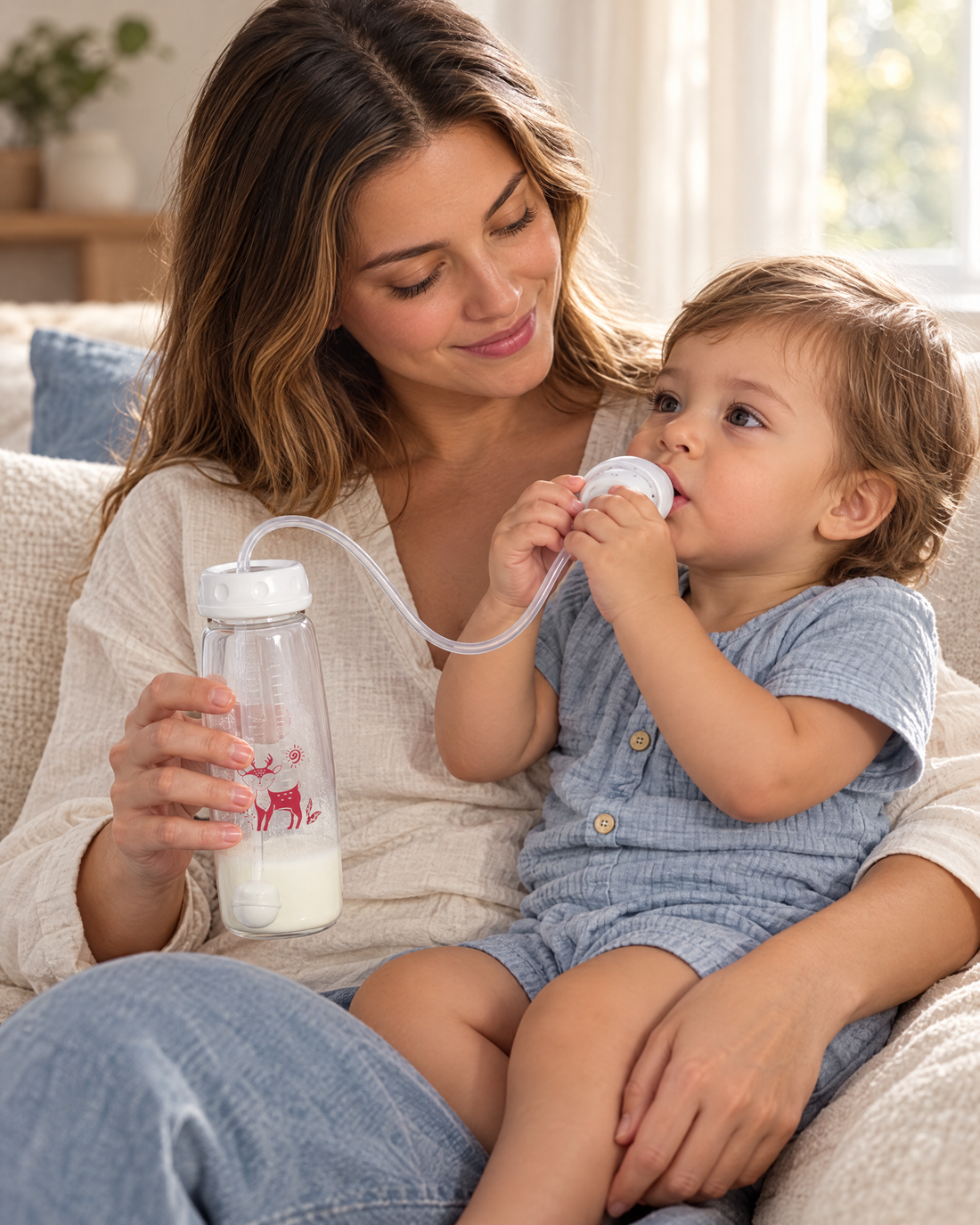 Bébé sur les genoux de son parent, il tient l'embout pendant que le parent tient le biberon